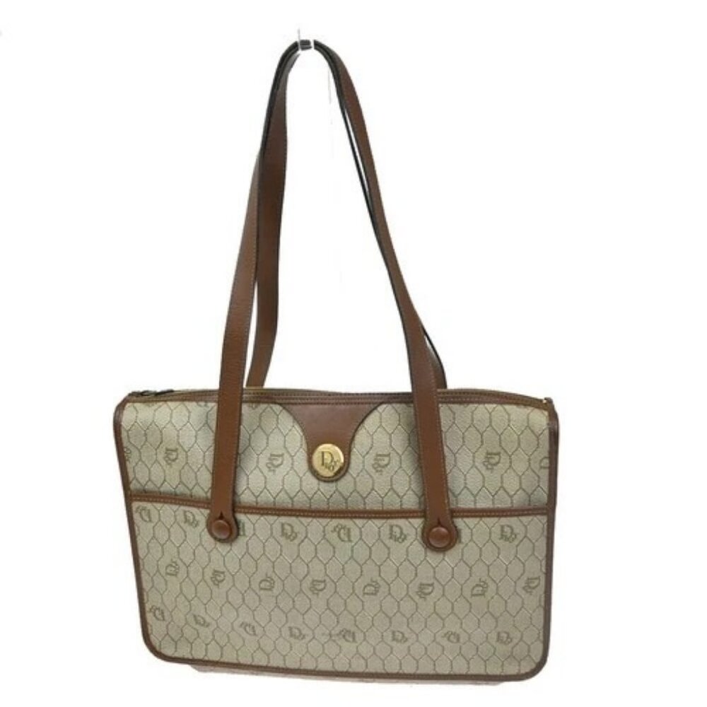 CHRISTIAN DIOR Logo Honeycomb Shoulder Hand Bag PVC Leather Beige GHW 62CA527 - Picture 1 of 16